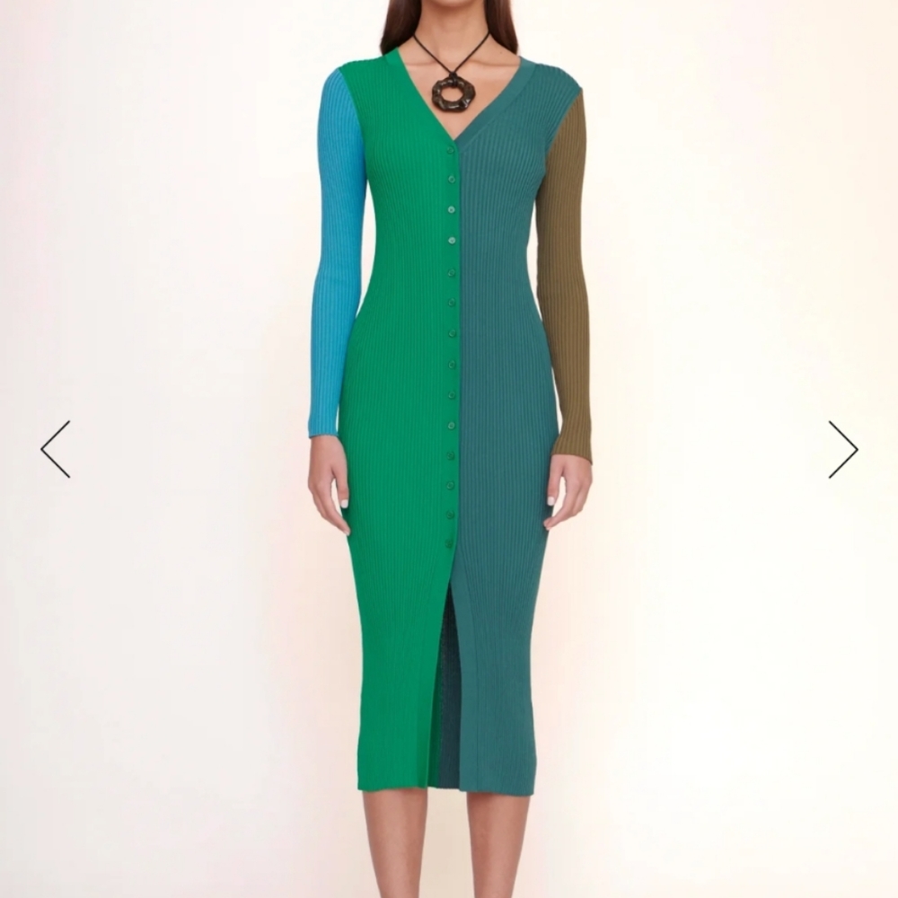 STAUD Shoko Colorblock Ribbed Knit V-Neck Midi Sweater Dress FERN MULTI